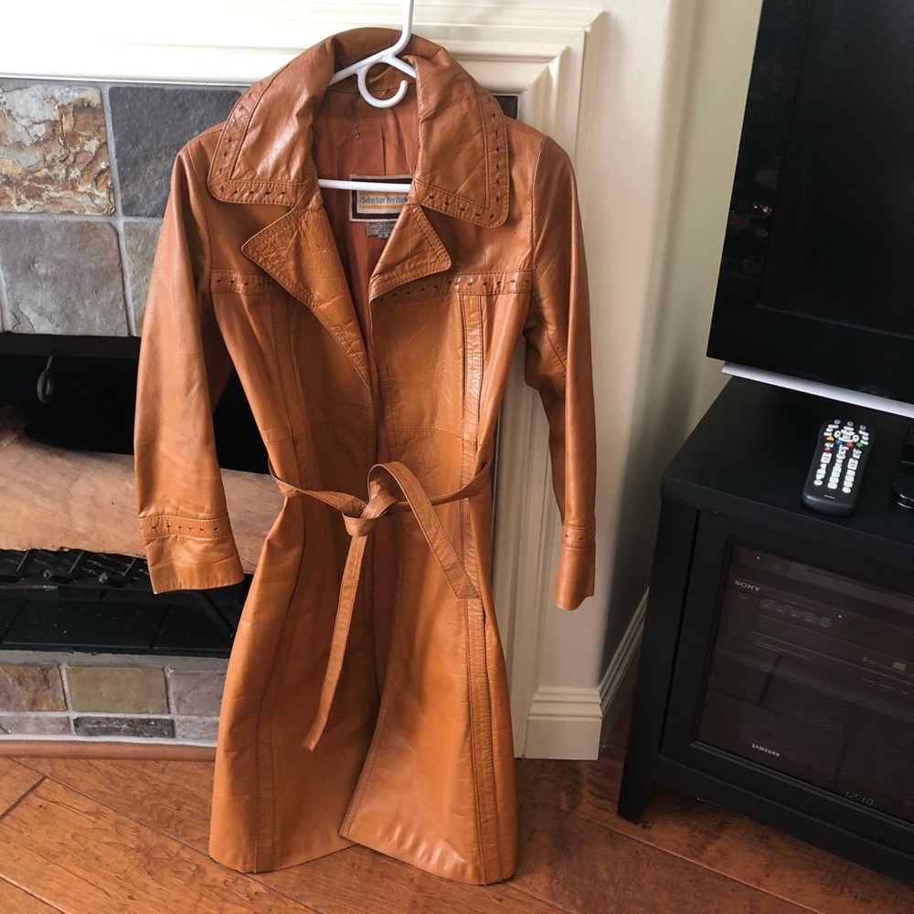 Brown leather trench coat